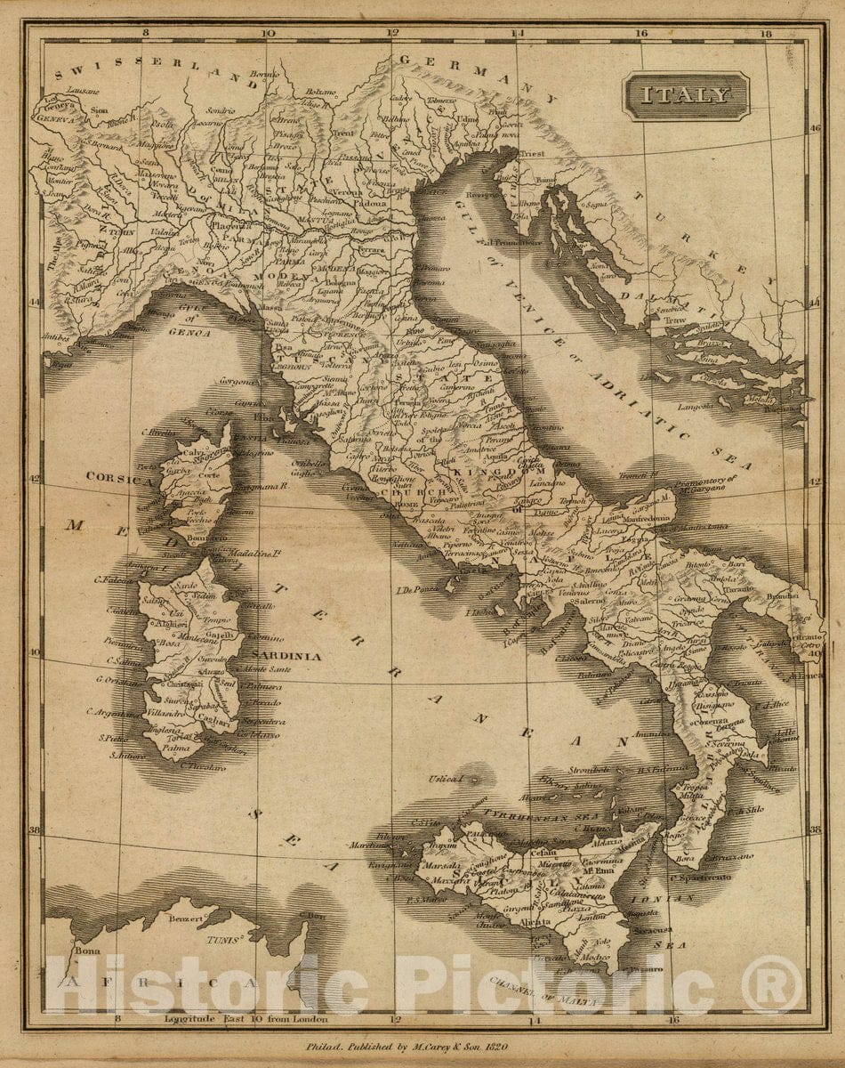 Historic Map : Italy. Philad, Published by M. Carey & Son, 1820. (1825), 1825 Atlas - Vintage Wall Art