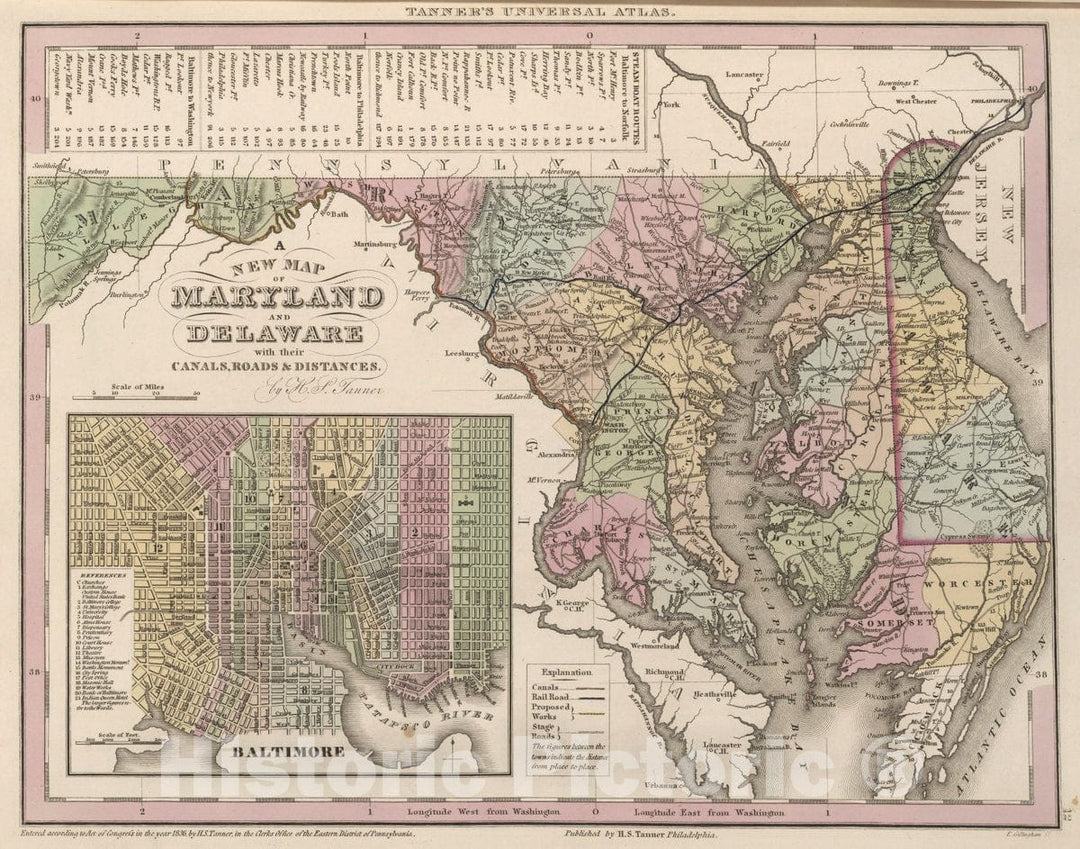 Historic Map : A New Map of Maryland and Delaware with Canals, Roads & Distances by H.S. Tanner. (Inset) Baltimore, 1836 Atlas - Vintage Wall Art