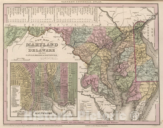 Historic Map : A New Map of Maryland and Delaware with Canals, Roads & Distances by H.S. Tanner. (Inset) Baltimore, 1836 Atlas - Vintage Wall Art
