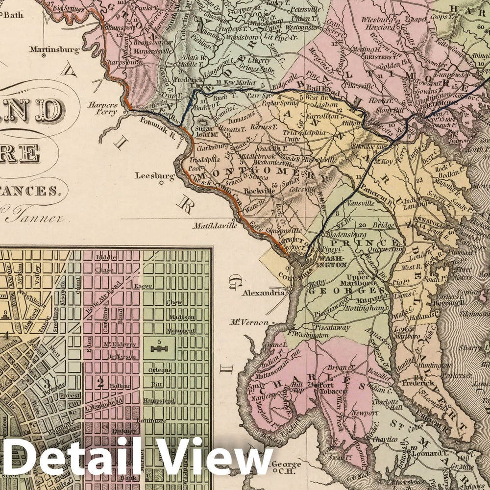 Historic Map : A New Map of Maryland and Delaware with Canals, Roads & Distances by H.S. Tanner. (Inset) Baltimore, 1836 Atlas - Vintage Wall Art