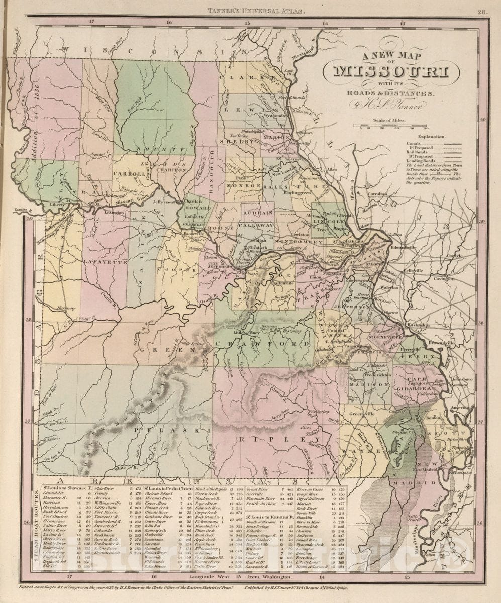 Historic Map : A New Map of Missouri with its Roads and Distances. By H.S. Tanner., 1836, Henry Schenk Tanner, Vintage Wall Art