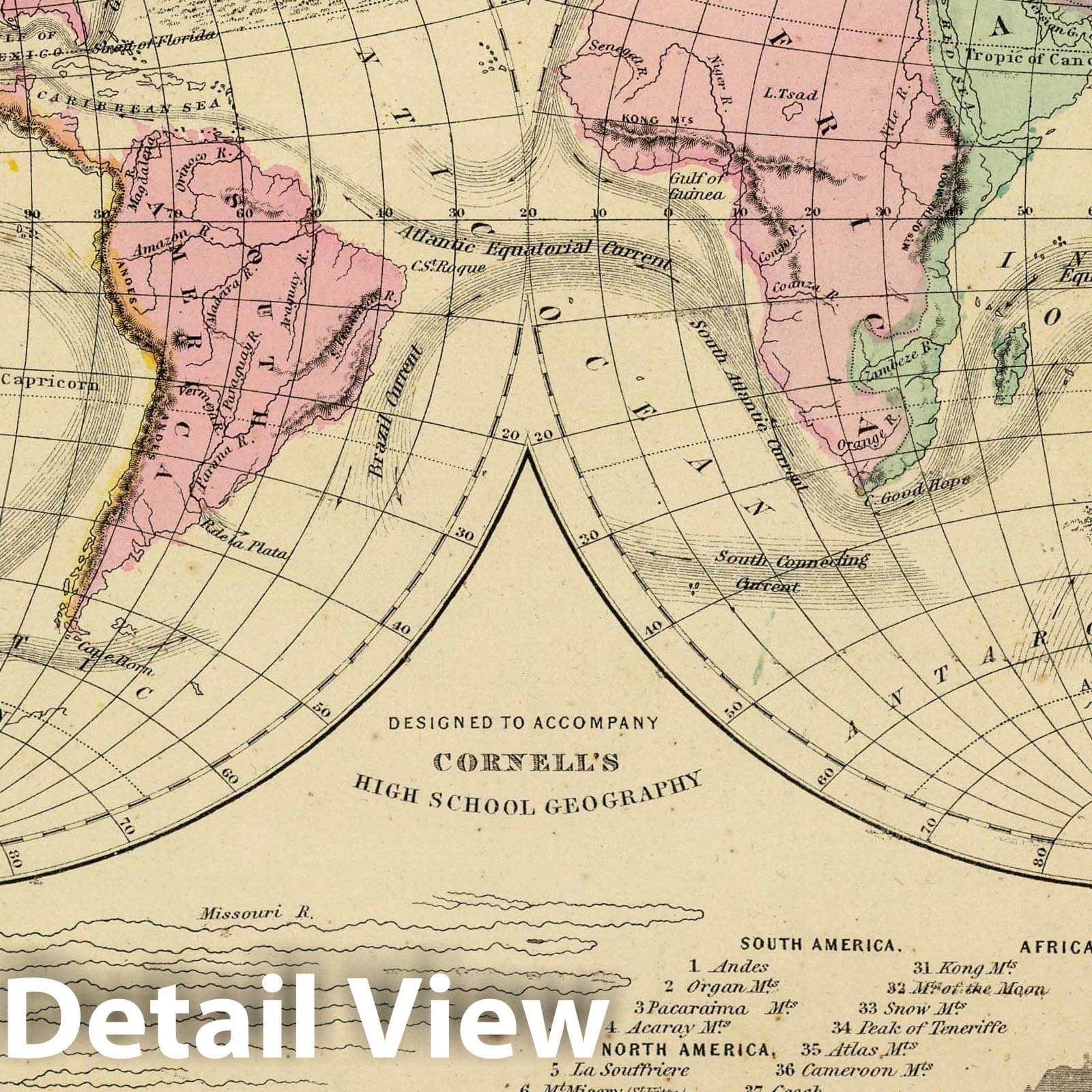 Historical Map : The World, showing its great river systems. Designed to accompany Cornell's High school geography. (with Lengths of rivers, heights of mountains). Eng, 1864Vintage Wall Art