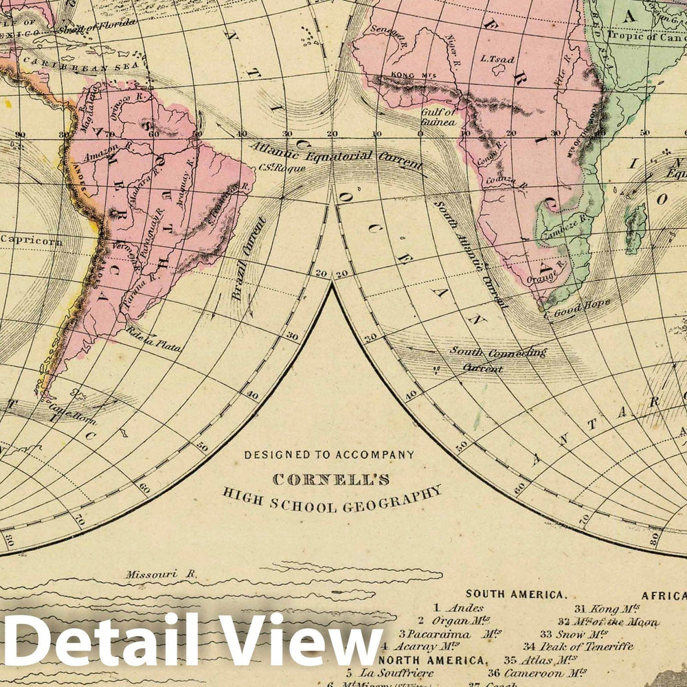 Historical Map : The World, showing its great river systems. Designed to accompany Cornell's High school geography. (with Lengths of rivers, heights of mountains). Eng, 1864Vintage Wall Art