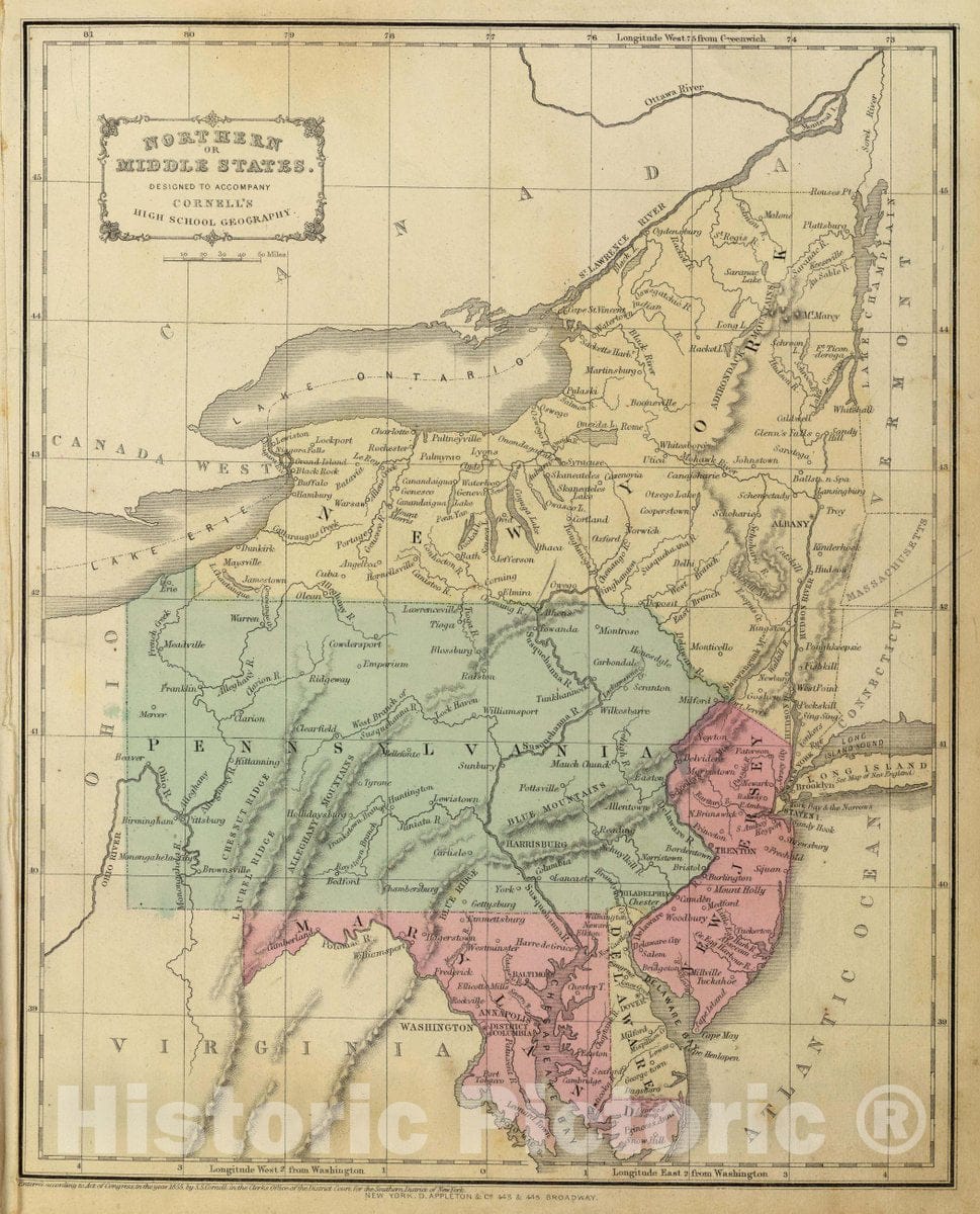 Historic Map : Northern or Middle States. Designed to accompany Cornell's High School Geography, 1864 Atlas - Vintage Wall Art