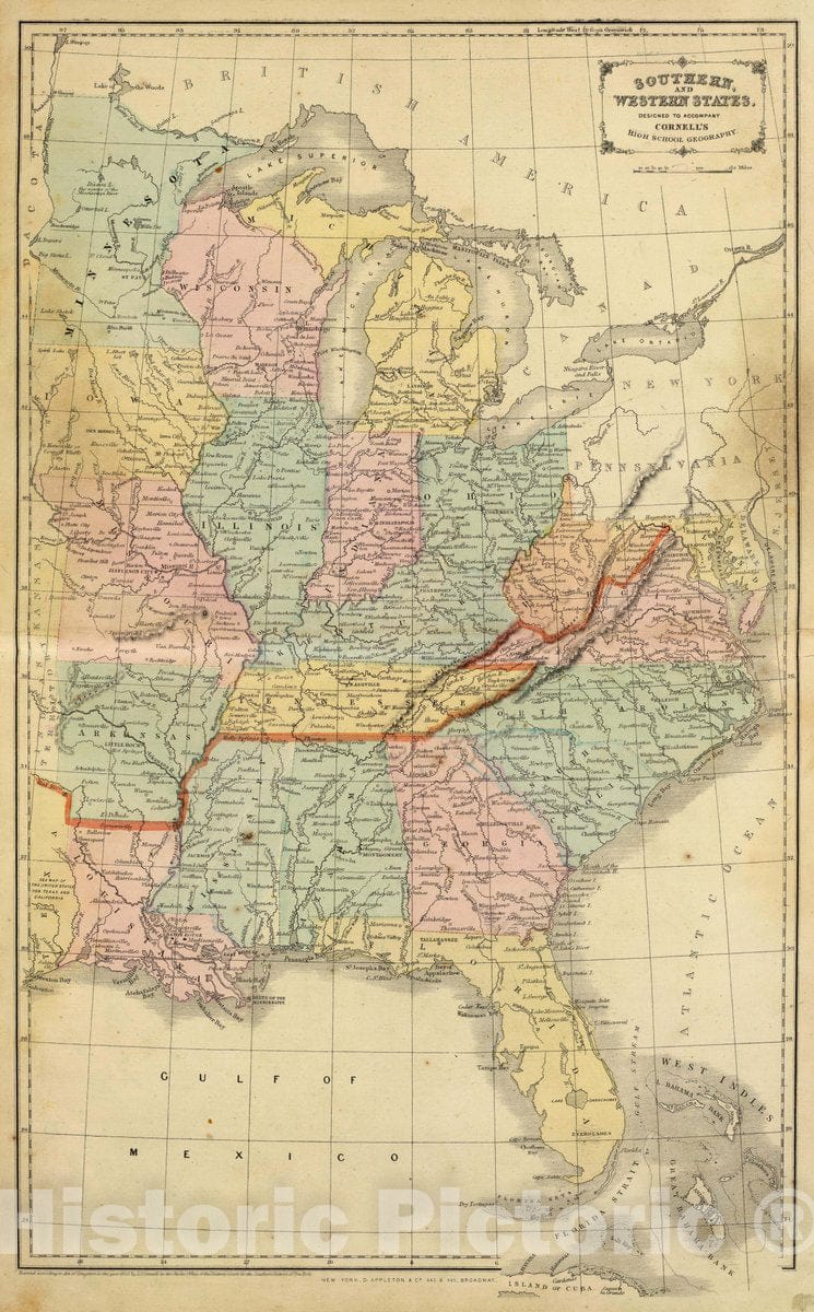 Historic Map : 1864 School Atlas - Southern and Western States. Designed to accompany Cornell's High School Geography. - Vintage Wall Art