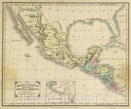 Historic Map : Mexico, Yucatan, Balize & Central America. Designed to accompany Cornell's High School Geography, 1864 Atlas - Vintage Wall Art