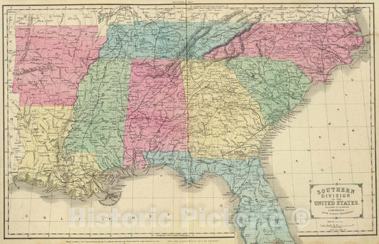Historic Map : Southern Division of The United States. Drawn by J. Wells, N.Y, 1864 School Atlas - Vintage Wall Art
