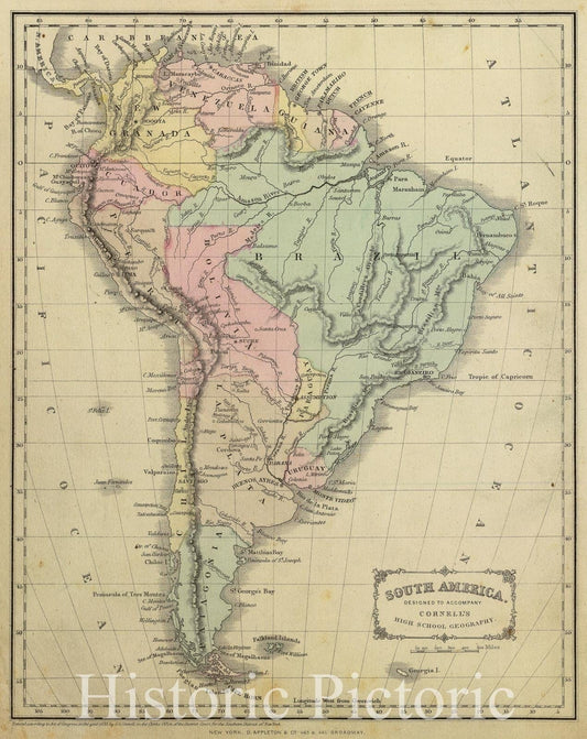 South America, 1864 - Cornell's High School Geography Atlas Map Print