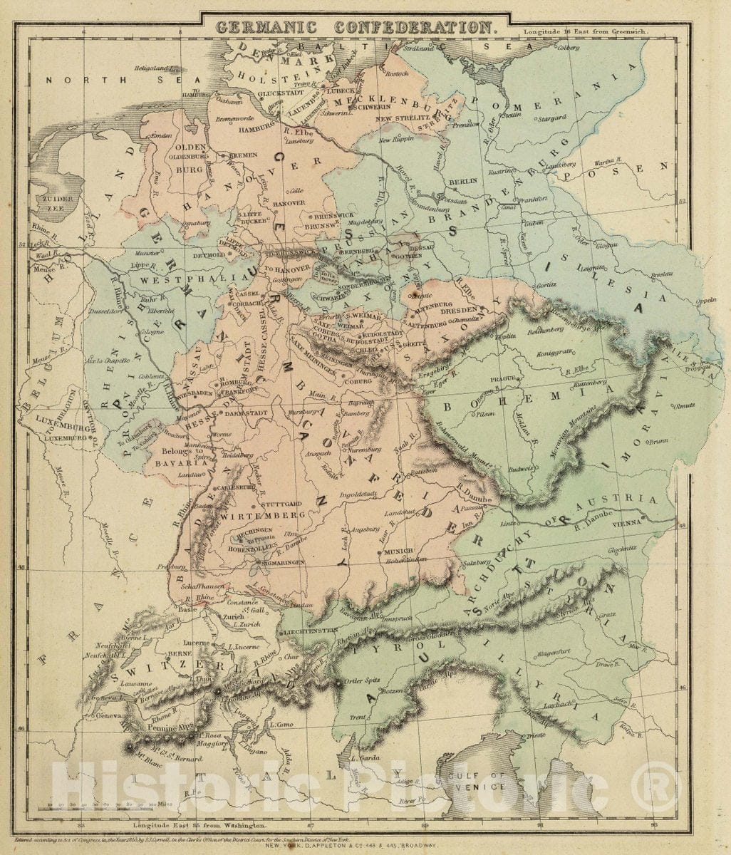 Historic Map : Germanic Confederation. Entered 1855, by S.S. Cornell Southern District of New York. New York: D. Appleton & Co, 443 & 445 Broadway. (1864), 1864 AtlasVintage Wall Art