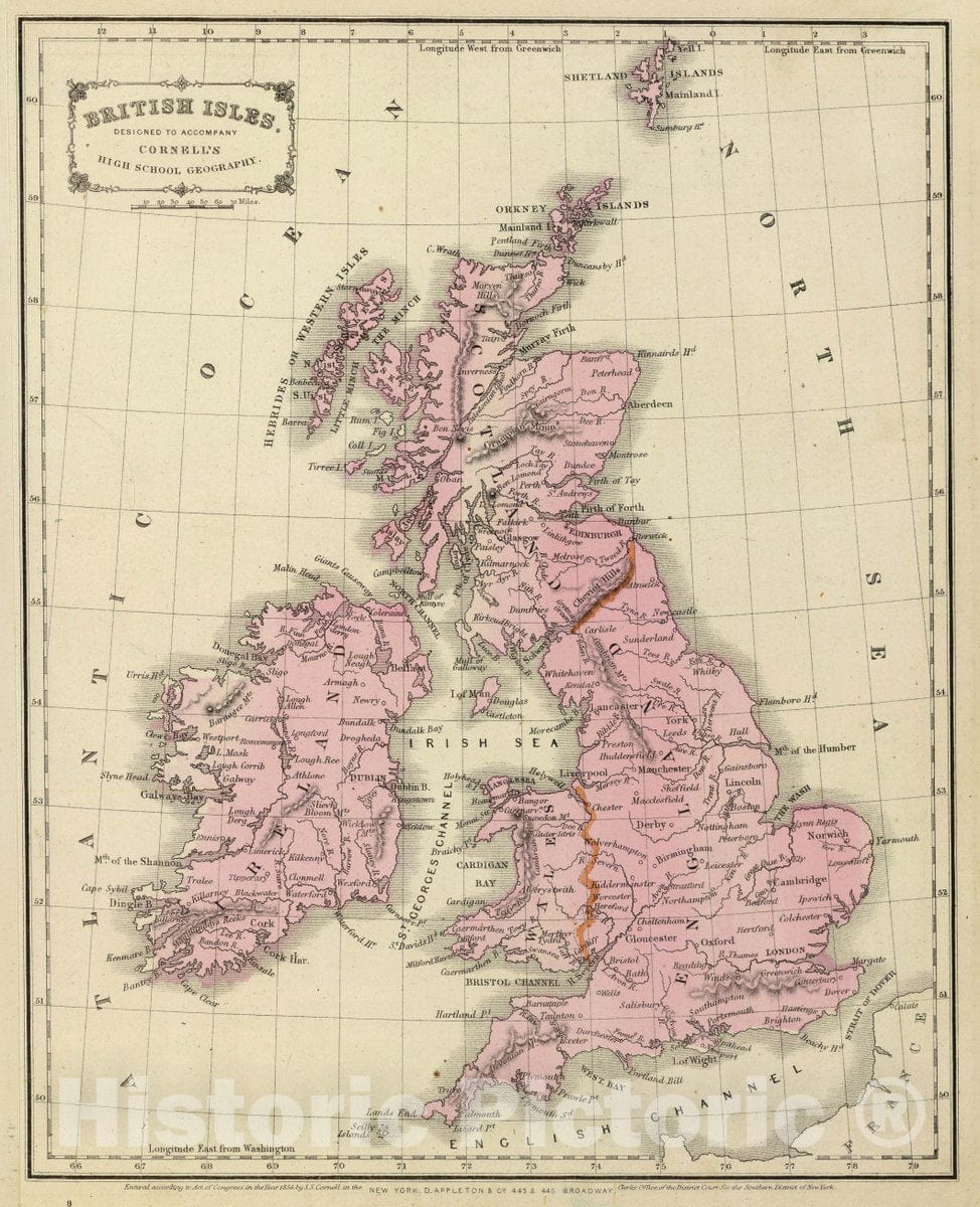 Historic Map : British Isles. Designed to accompany Cornell's High School Geography, 1864 Atlas - Vintage Wall Art