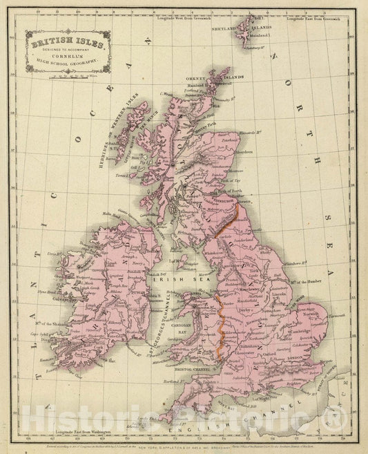 Historic Map : British Isles. Designed to accompany Cornell's High School Geography, 1864 Atlas - Vintage Wall Art