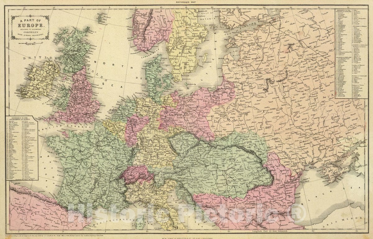 Historic Wall Map : 1864 School Atlas - A Part of Europe. Designed to accompany Cornell's High School Geography. - Vintage Wall Art