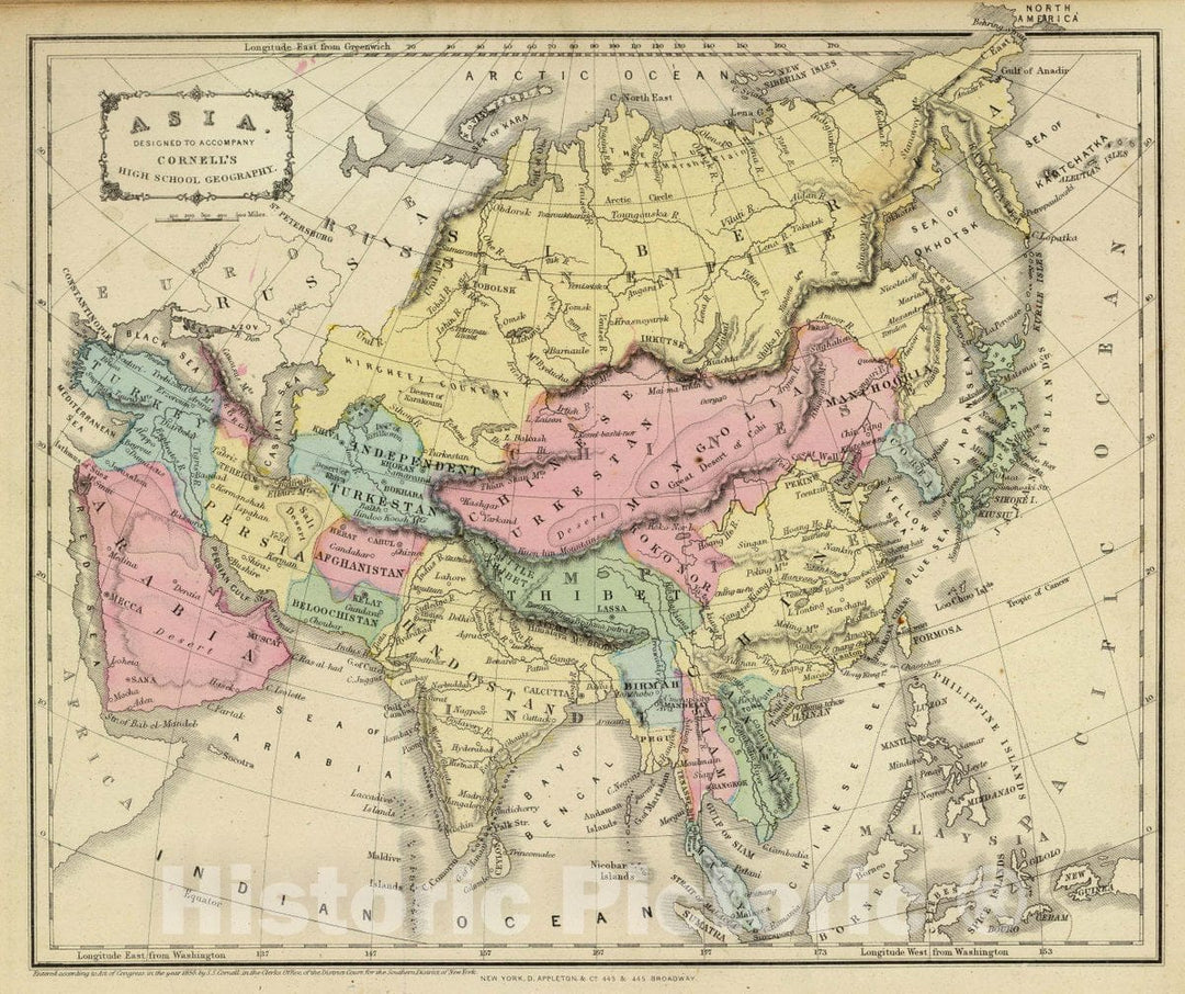 Historic Wall Map : Asia. Designed to accompany Cornell's High School Geography, 1864 Atlas - Vintage Wall Art