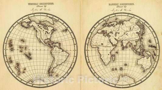 Historic Map : 1850 School Atlas - W. Hemisphere, E. Hemisphere. - Vintage Wall Art