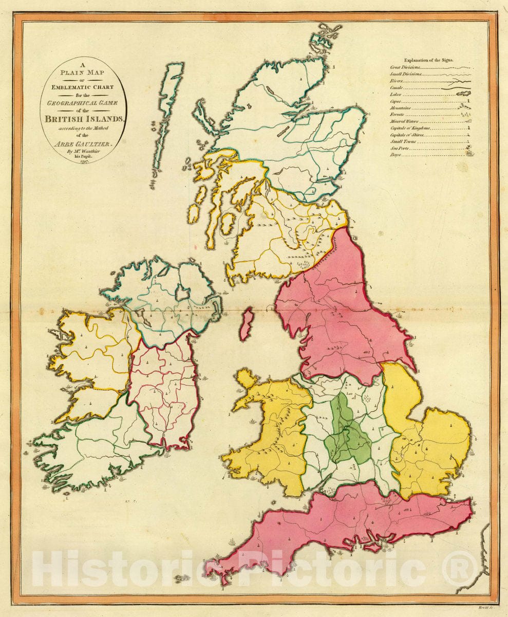 Historic Map : A plain map or emblematic chart for the geographical game of the British Islands, according to the method of the Abbe Gaultier. By Mr. Wauthier, his p, 1797Vintage Wall Art