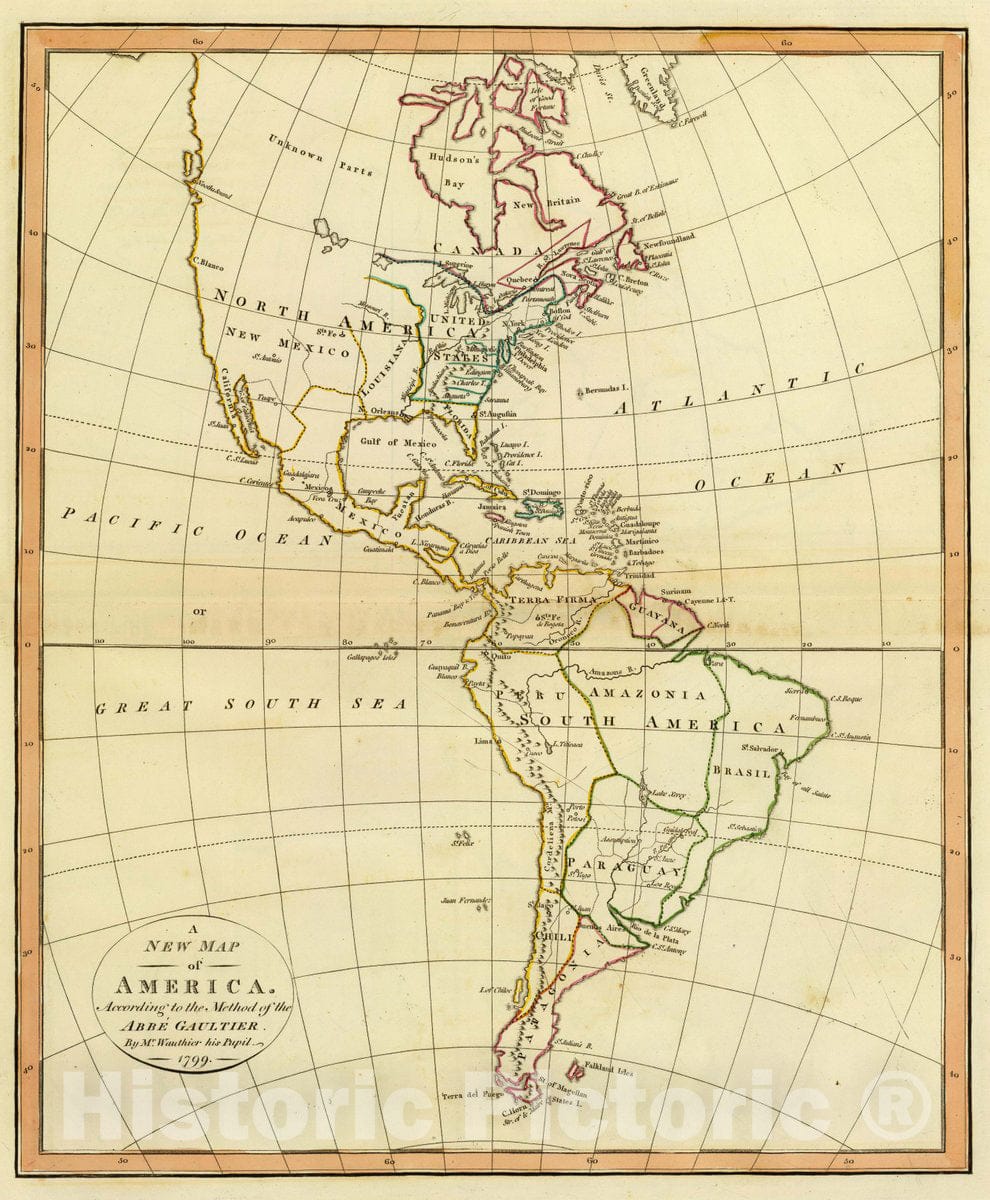 Historic Map : A New map of America. According to The Method of The Abbe Gaultier. by Mr. Wauthier, his Pupil. 1799, 1799 Atlas - Vintage Wall Art