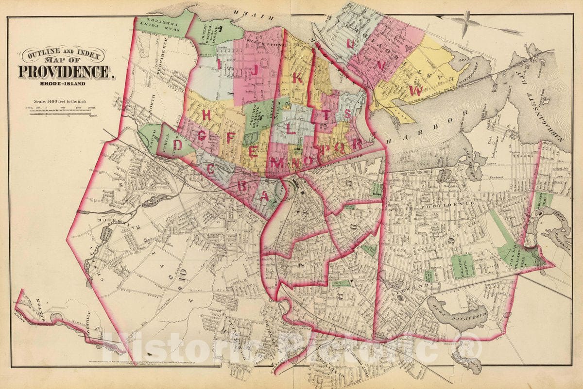 Historic Map : 1875 Outline and Index map of Providence, Rhode-Island. v1 - Vintage Wall Art