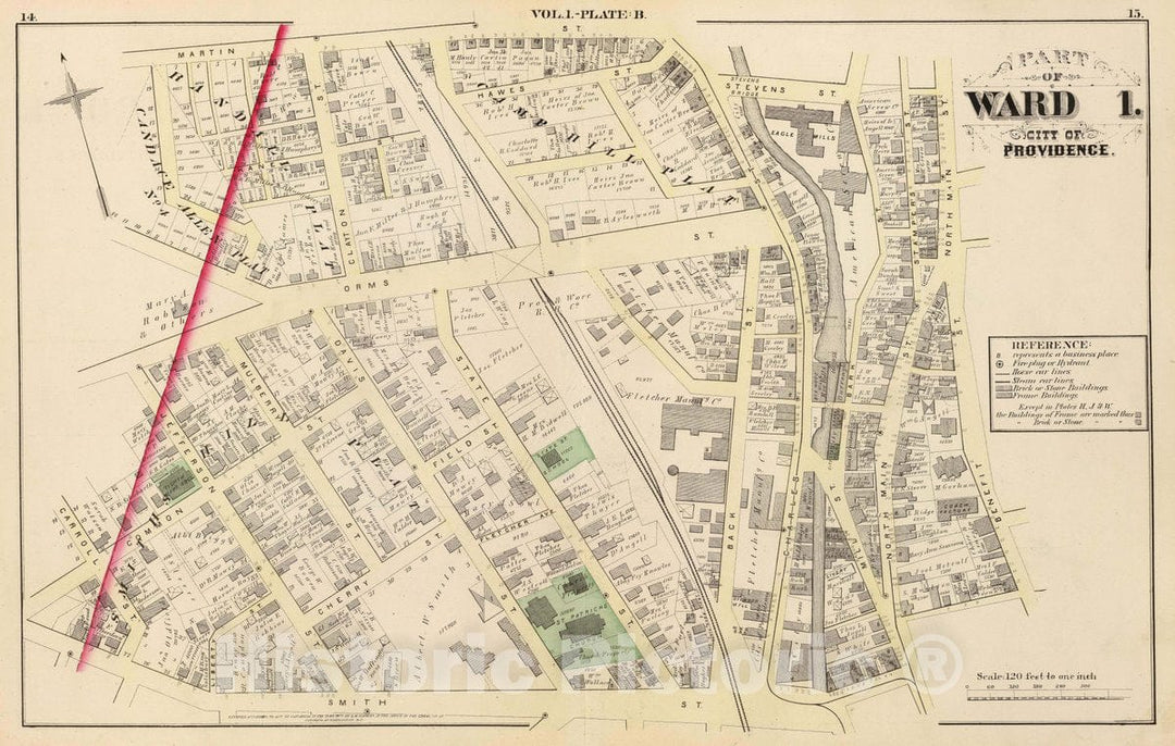 Historic Map : 1875 City Atlas - Part of Ward 1, City of Providence. Vol. 1, Plate B. - Vintage Wall Art