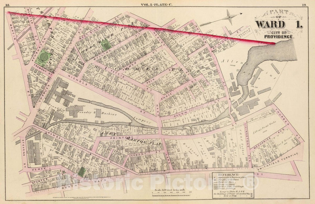 Historic Wall Map : Part of Ward 1, City of Providence. Vol. 1, Plate C, 1875 City Atlas - Vintage Wall Art