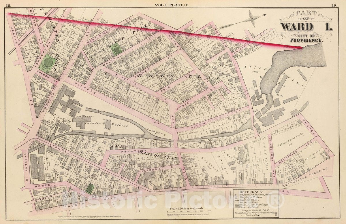 Historic Wall Map : Part of Ward 1, City of Providence. Vol. 1, Plate C, 1875 City Atlas - Vintage Wall Art