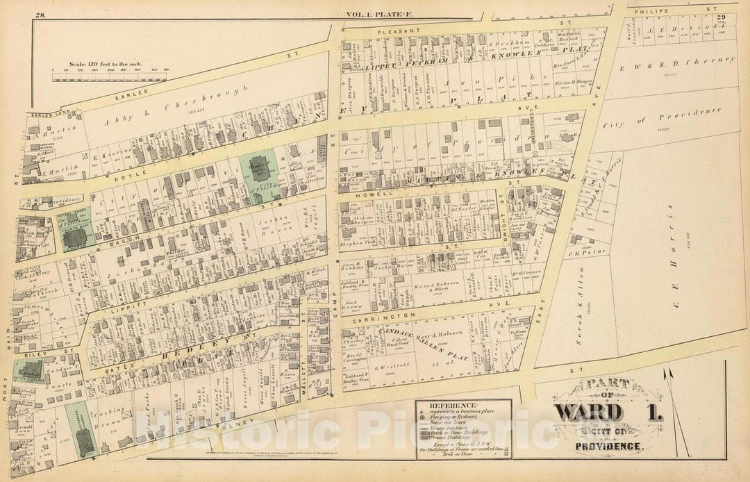 Historic Map : 1875 City Atlas - Part of Ward 1, City of Providence. Vol. 1, Plate F. - Vintage Wall Art