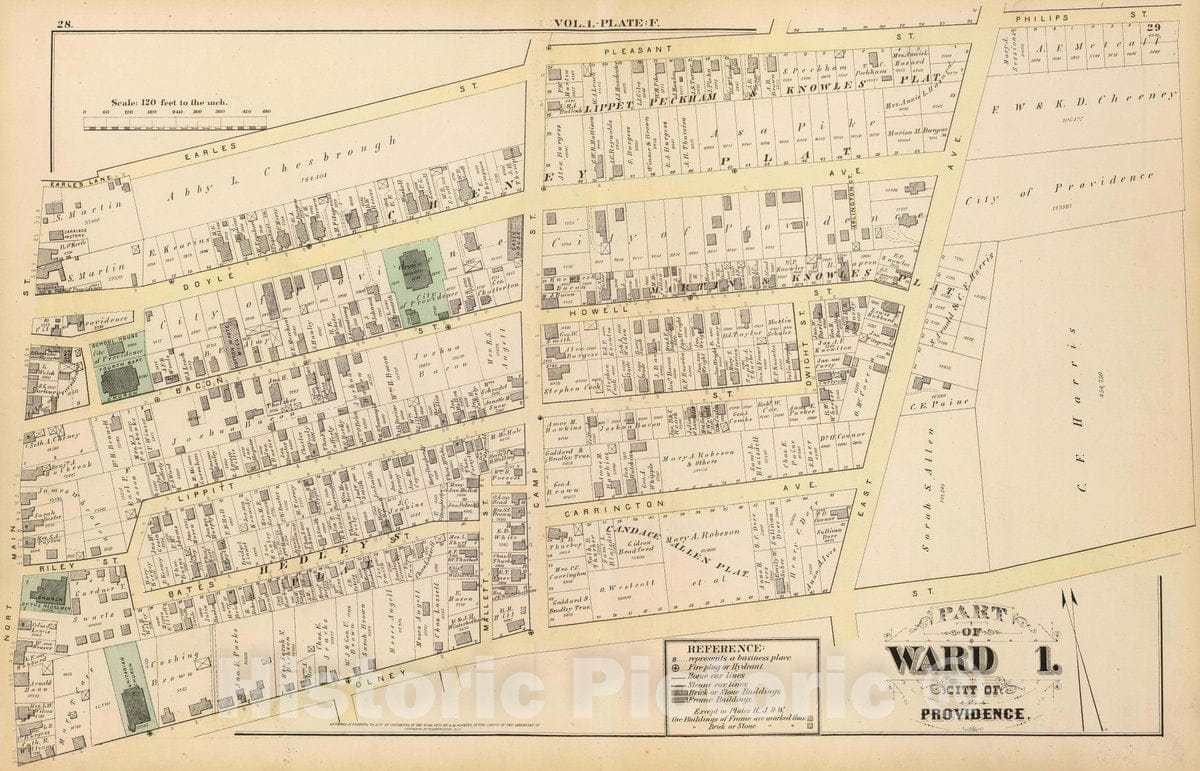 Historic Map : 1875 City Atlas - Part of Ward 1, City of Providence. Vol. 1, Plate F. - Vintage Wall Art