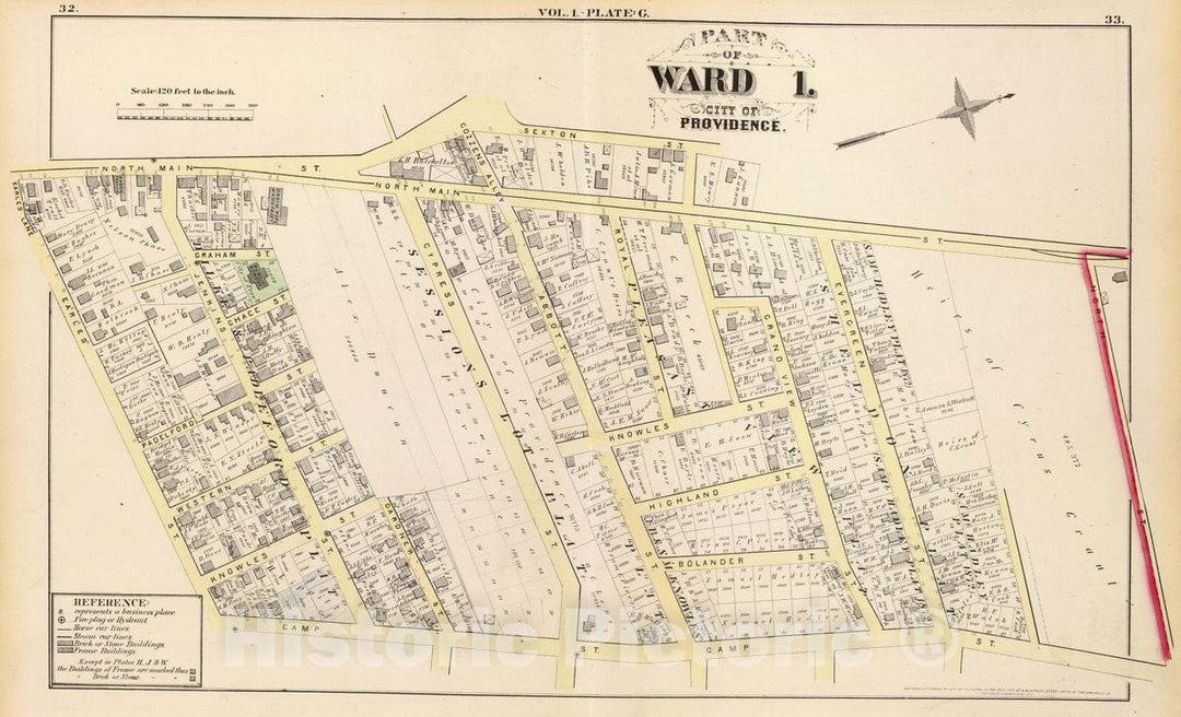 Historic Map : 1875 City Atlas - Part of Ward 1, City of Providence. Vol. 1, Plate G. - Vintage Wall Art