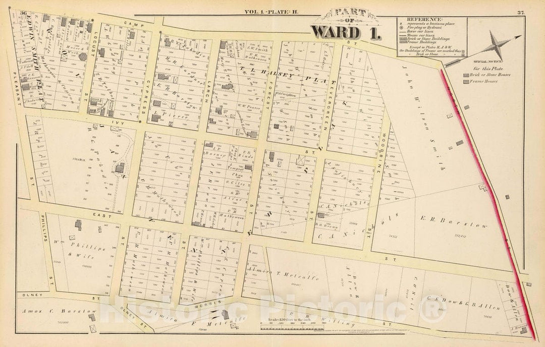 Historic Map : 1875 City Atlas - Part of Ward 1, (City of Providence). Vol. 1, Plate H. - Vintage Wall Art