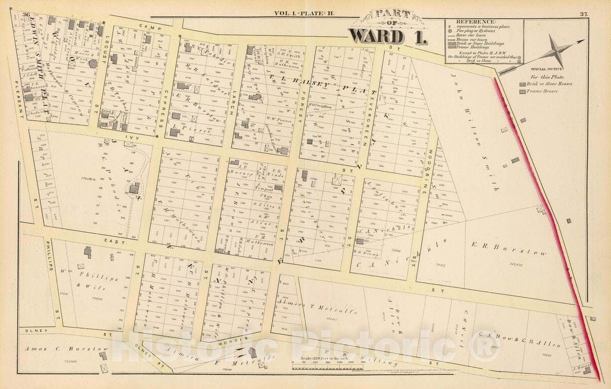 Historic Map : 1875 City Atlas - Part of Ward 1, (City of Providence). Vol. 1, Plate H. - Vintage Wall Art