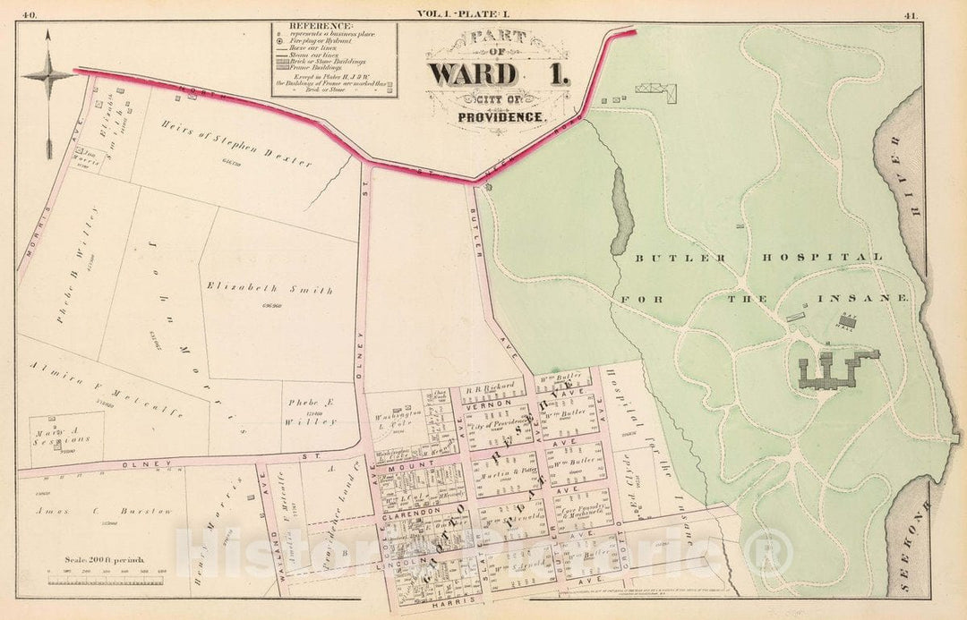 Historic Map : 1875 City Atlas - Part of Ward 1, City of Providence. Vol. 1, Plate I. - Vintage Wall Art