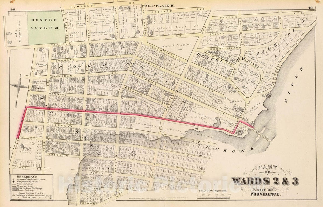 Historic Map : 1875 City Atlas - Part of wards 2 & 3, City of Providence. Vol. 1, Plate K. - Vintage Wall Art