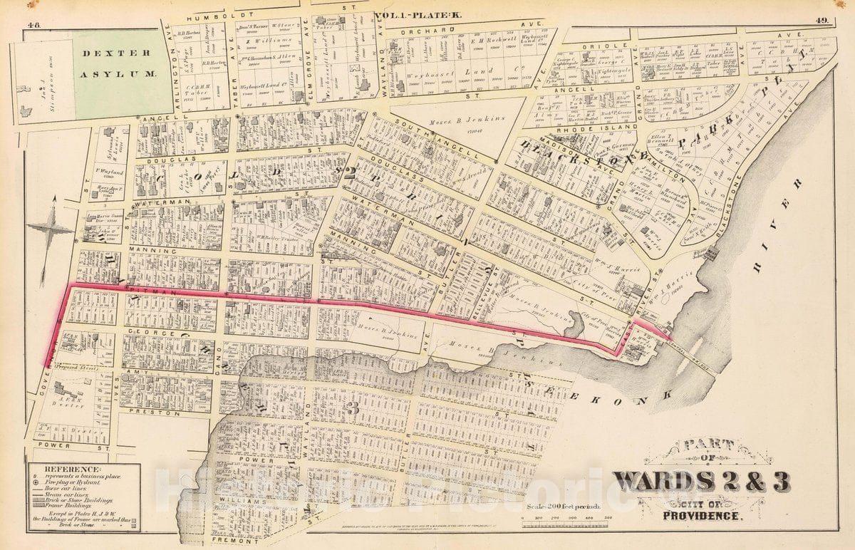 Historic Map : 1875 City Atlas - Part of wards 2 & 3, City of Providence. Vol. 1, Plate K. - Vintage Wall Art