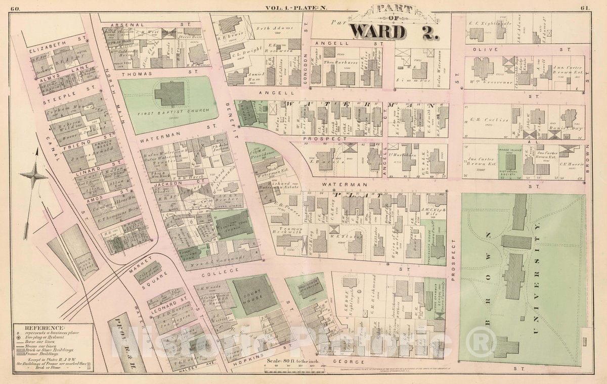 Historic Map : 1875 City Atlas - Part of Ward 2, (City of Providence). Vol. 1, Plate N. - Vintage Wall Art