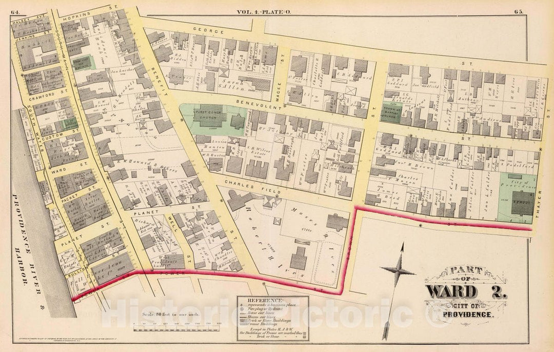 Historic Map : 1875 City Atlas - Part of Ward 2, City of Providence. Vol. 1, Plate O. - Vintage Wall Art