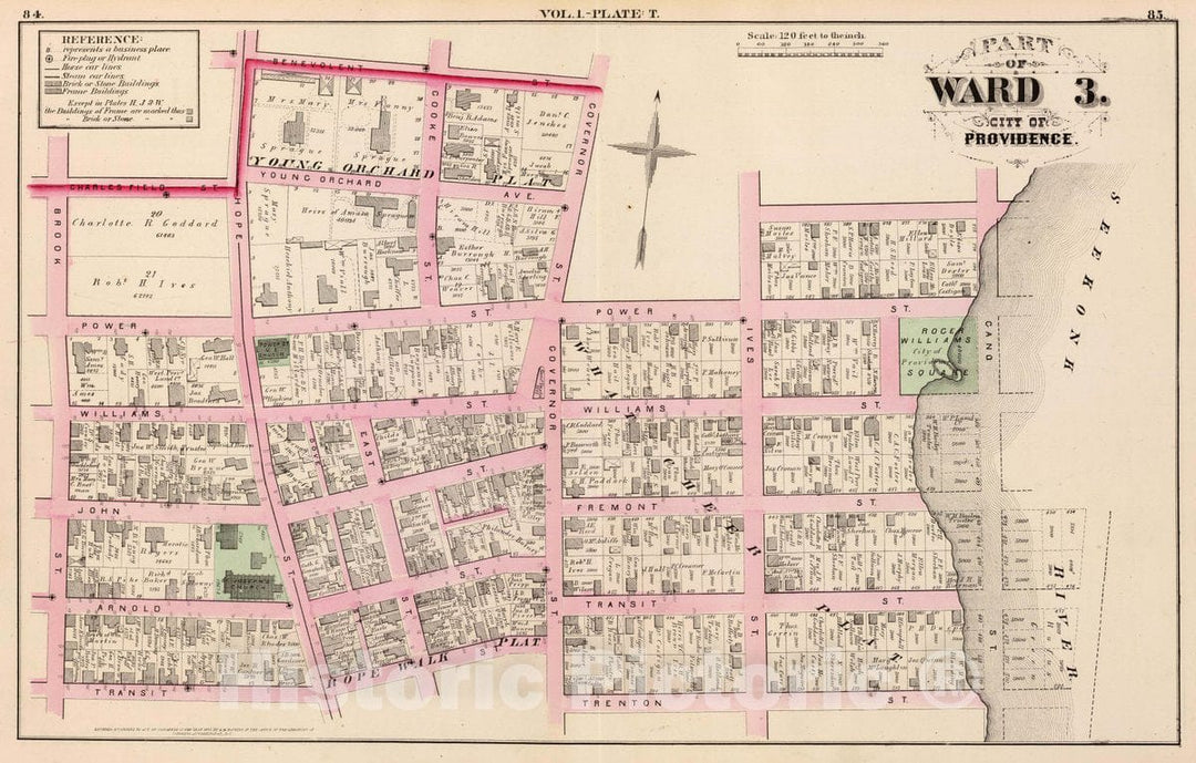 Historic Map : 1875 City Atlas - Part of Ward 3, City of Providence. Vol. 1, Plate T. - Vintage Wall Art