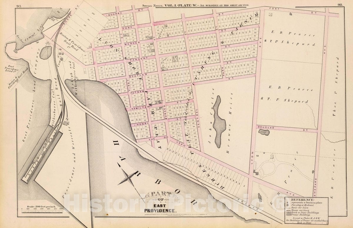 Historic Map : 1875 City Atlas - Part of East Providence. Vol. 1, Plate W. - Vintage Wall Art