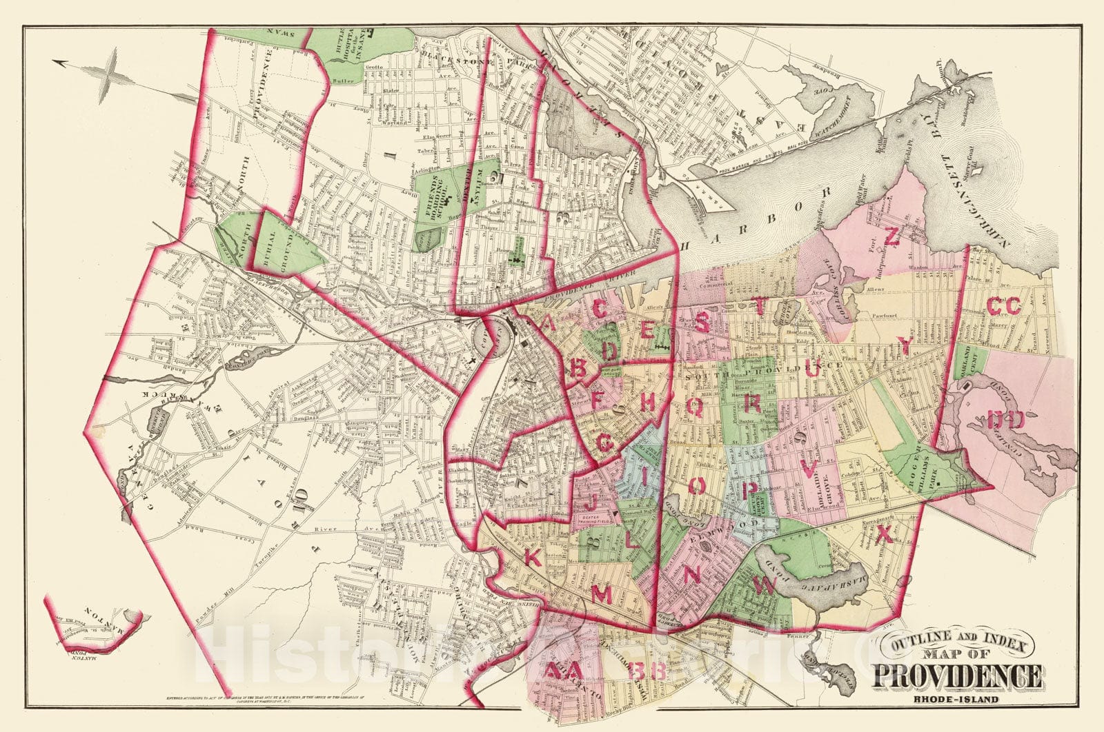 Historic Map : 1875 Outline and Index map of Providence, Rhode-Island. v2 - Vintage Wall Art