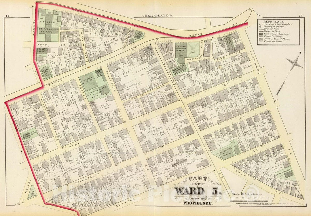 Historic Map : Part of Ward 5, City of Providence. Vol. 2, Plate B, 1875 City Atlas - Vintage Wall Art