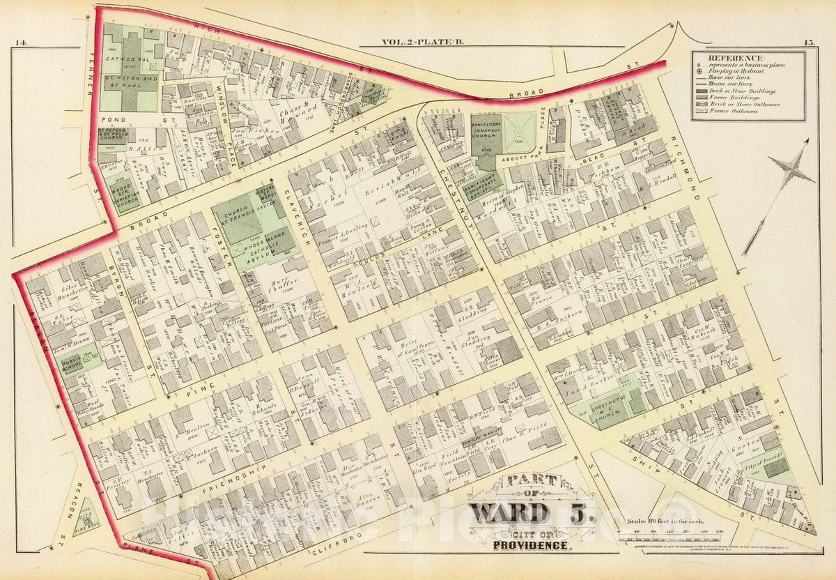 Historic Map : Part of Ward 5, City of Providence. Vol. 2, Plate B, 1875 City Atlas - Vintage Wall Art