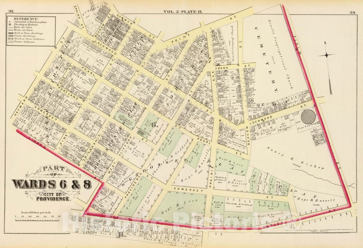 Historic Map : Part of wards 6 & 8, City of Providence. Vol. 2, Plate H, 1875 City Atlas - Vintage Wall Art