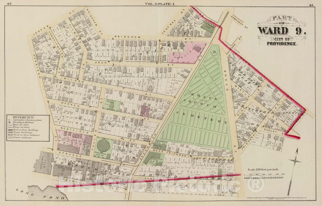 Historic Map : 1875 City Atlas - Part of Ward 9, City of Providence. Vol. 2, Plate I. - Vintage Wall Art
