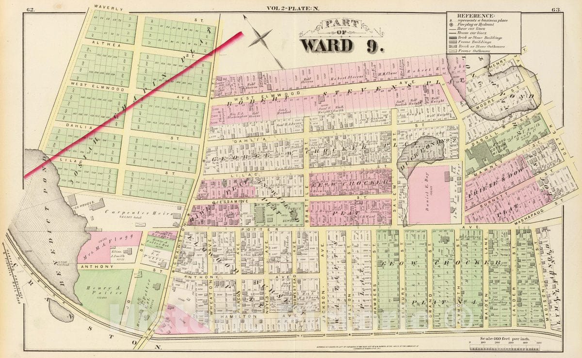 Historic Map : 1875 City Atlas - Part of Ward 9, (City of Providence). Vol. 2, Plate N. - Vintage Wall Art