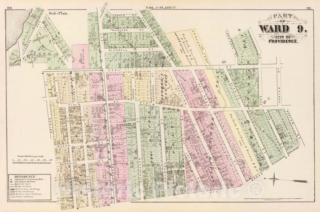 Historic Map : Part of Ward 9, City of Providence. Vol. 2, Plate U, 1875 City Atlas - Vintage Wall Art