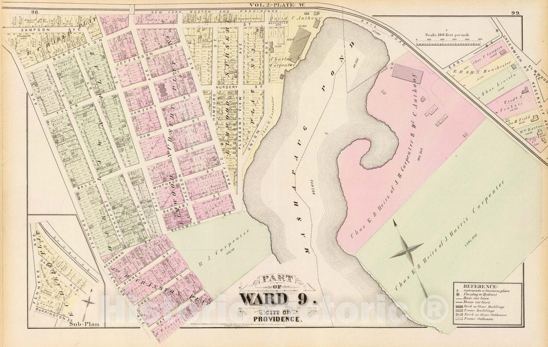 Historic Map : 1875 City Atlas - Part of Ward 9, City of Providence. Vol. 2, Plate W. - Vintage Wall Art