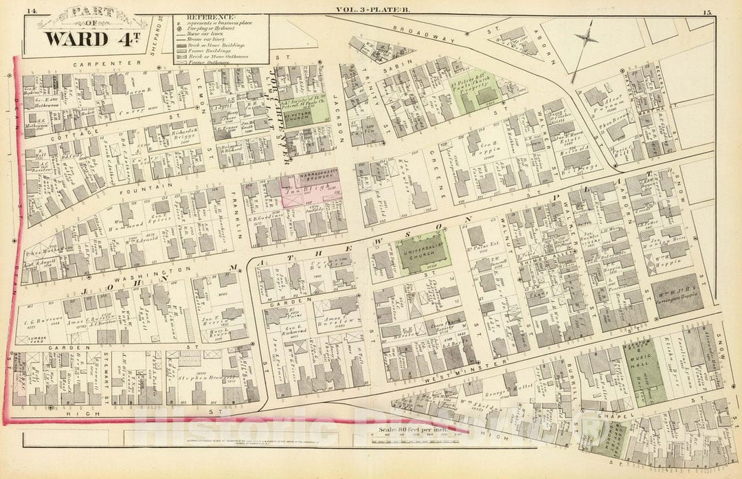 Historic Map : 1875 City Atlas - Part of Ward 4T (sic, City of Providence). Vol. 3, Plate B. - Vintage Wall Art
