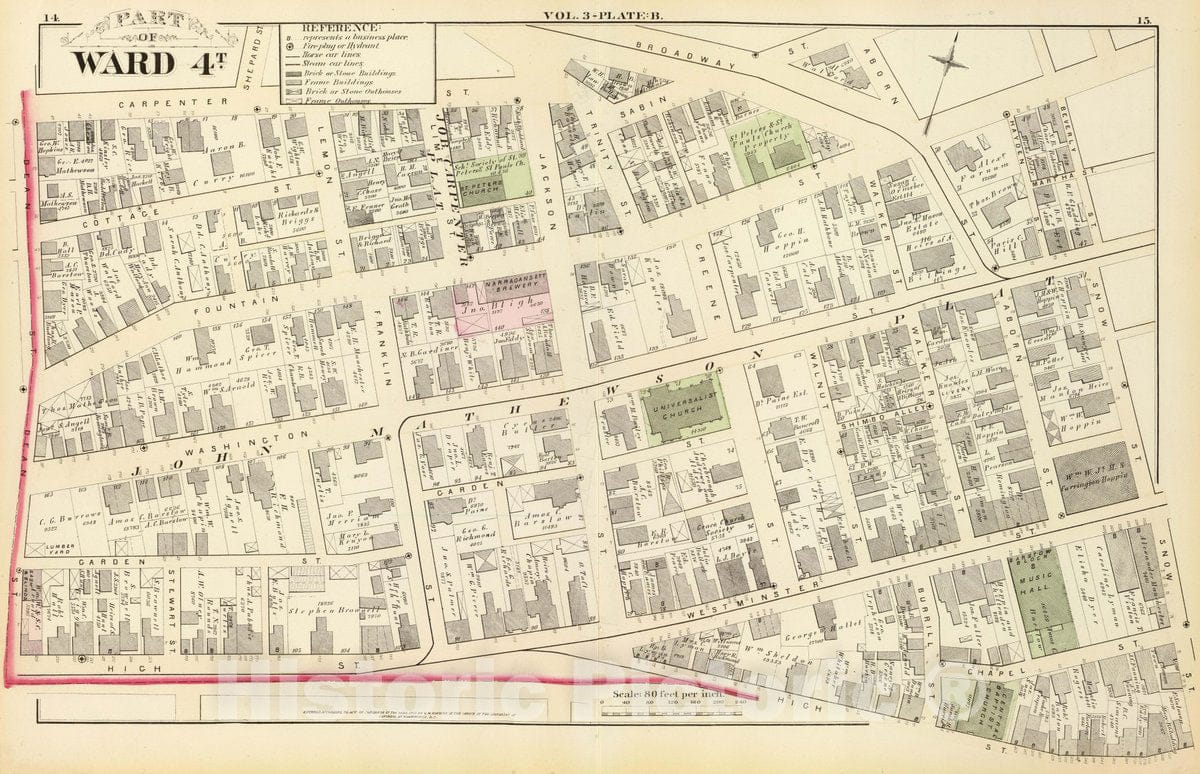 Historic Map : 1875 City Atlas - Part of Ward 4T (sic, City of Providence). Vol. 3, Plate B. - Vintage Wall Art
