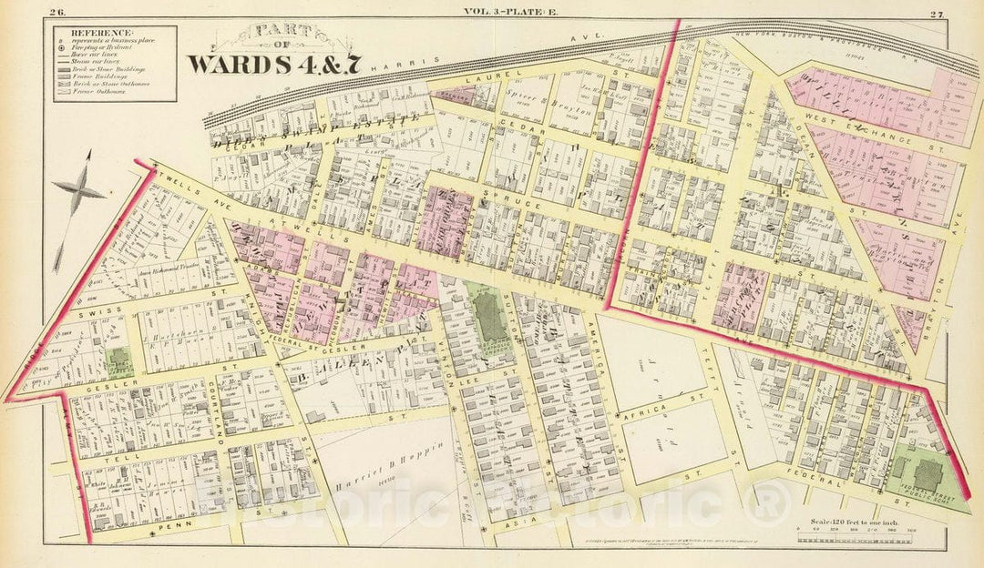 Historic Map : 1875 City Atlas - Part of wards 4 & 7, (City of Providence). Vol. 3, Plate E. - Vintage Wall Art