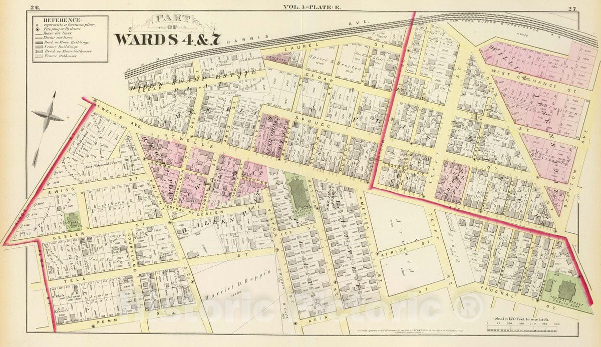 Historic Map : 1875 City Atlas - Part of wards 4 & 7, (City of Providence). Vol. 3, Plate E. - Vintage Wall Art