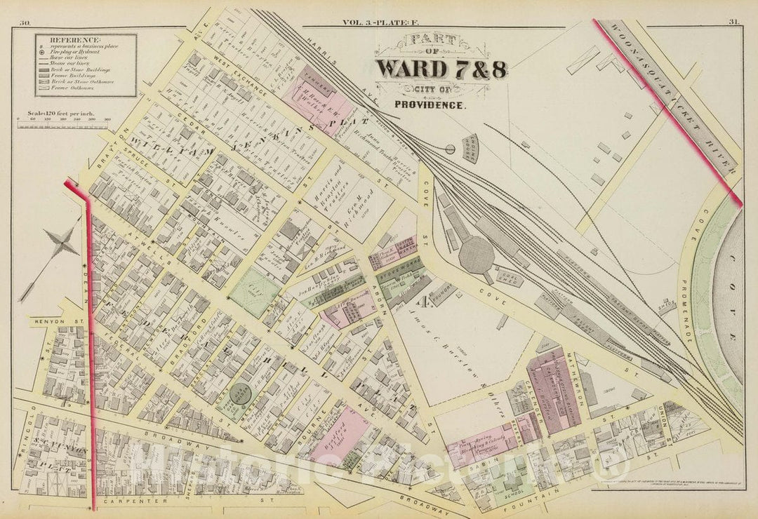 Historic Wall Map : Part of Ward 7 & 8, City of Providence. Vol. 3, Plate F, 1875 City Atlas - Vintage Wall Art