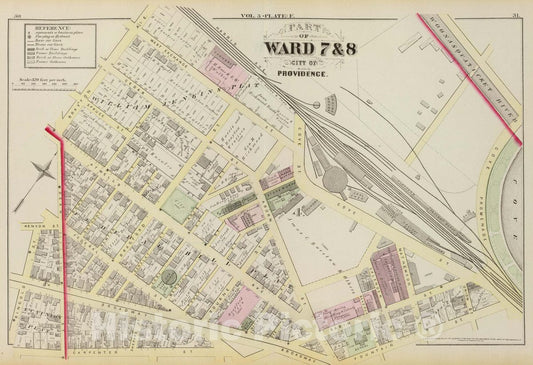 Historic Wall Map : Part of Ward 7 & 8, City of Providence. Vol. 3, Plate F, 1875 City Atlas - Vintage Wall Art